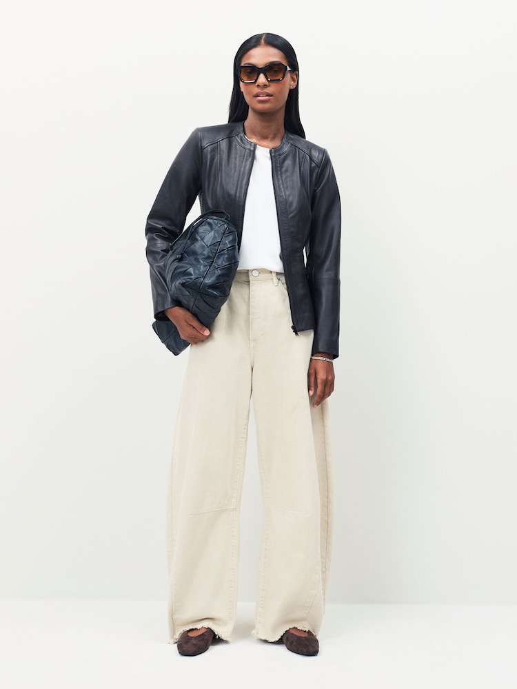 Urban Code Brown Collarless Leather Jacket - Image 4 of 4