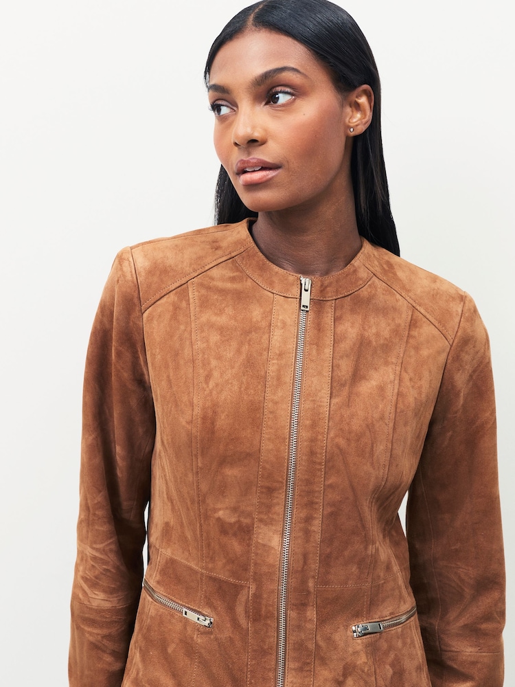 Urban Code Brown Suede Collarless Leather Jacket - Image 6 of 6 Urban Code Brown Suede Collarless Leather Jacket - Image 6 of 6