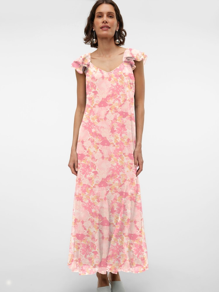 VERO MODA Pink Frill Sleeve Printed Occasion Maxi Dress - Image 1 of 5