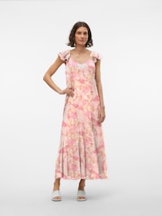VERO MODA Pink Frill Sleeve Printed Occasion Maxi Dress - Image 2 of 5