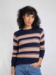 Weird Fish Blue 100% Organic Cotton Reka Lightweight Striped Crew Neck Jumper - Image 1 of 7