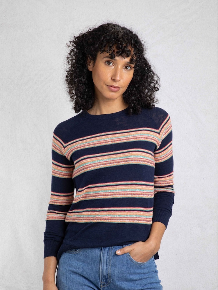 Weird Fish Blue 100% Organic Cotton Reka Lightweight Striped Crew Neck Jumper - Image 1 of 7