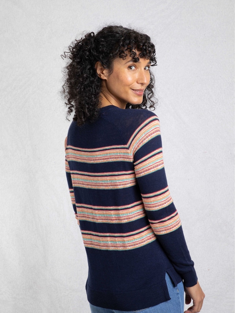 Weird Fish Blue 100% Organic Cotton Reka Lightweight Striped Crew Neck Jumper - Image 2 of 7