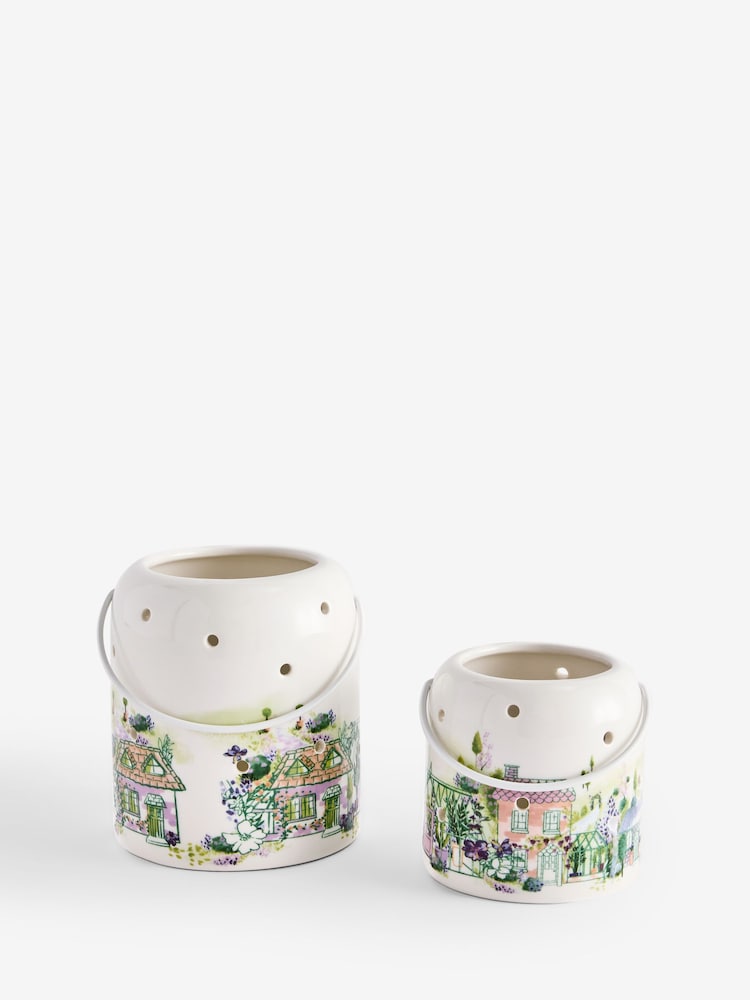 Set of 2 Multicolour House Scene Ceramic Tea Light Holders - Image 1 of 1