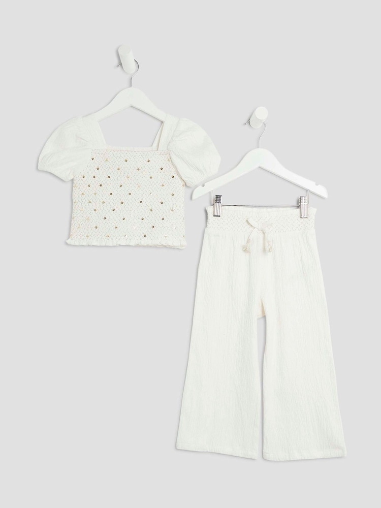 River Island White Girls Sequin Top and Trousers Set - Image 1 of 2