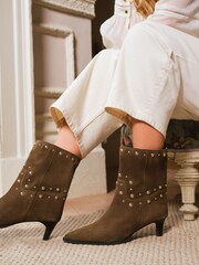 pardo - Love & Roses Real Suede Dome Stud Mid Heel Smart Ankle Boots - Imagem 1 de 5