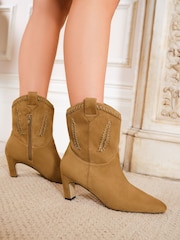 Love & Roses Tan Brown Faux Suede Pull On Western Low Heel Smart Ankle Boots - Image 2 of 5