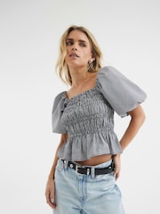 River Island Black Petite Gingham Puff Sleeve Shirred Top - Image 1 of 4