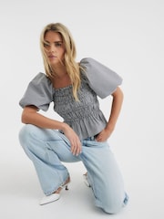 River Island Black Petite Gingham Puff Sleeve Shirred Top - Image 3 of 4