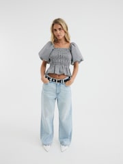 River Island Black Petite Gingham Puff Sleeve Shirred Top - Image 4 of 4
