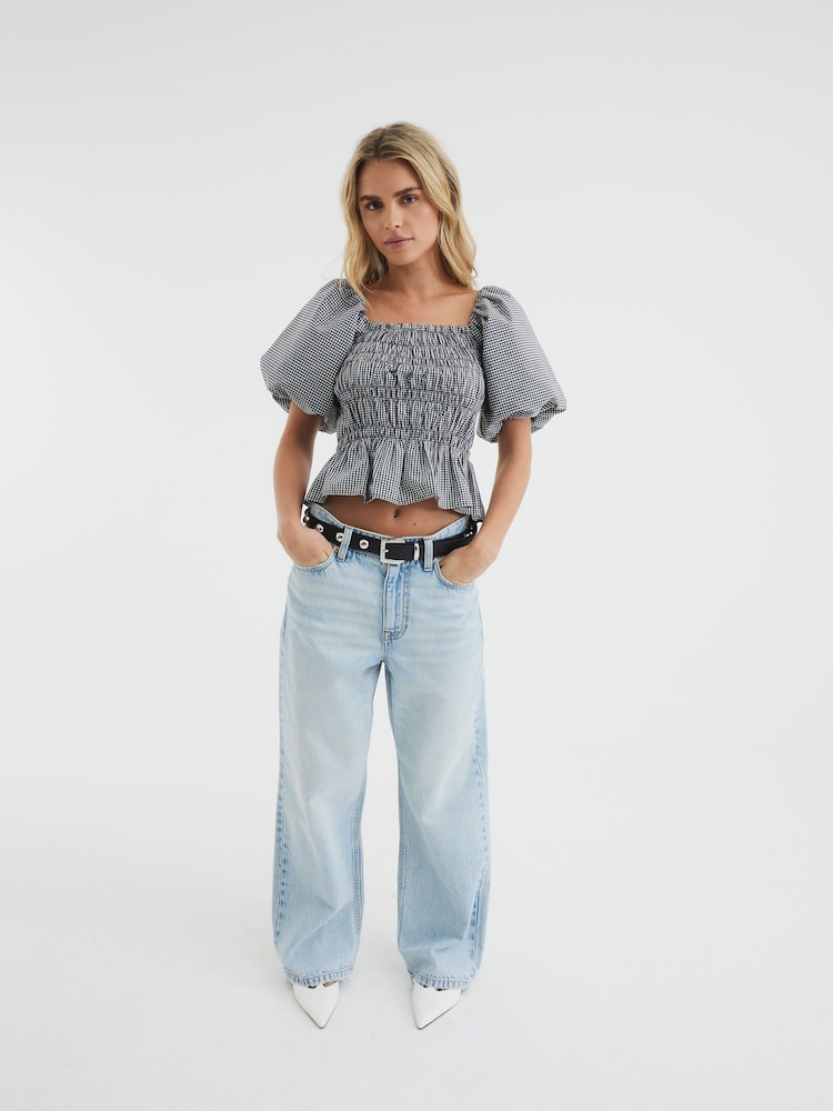 River Island Black Petite Gingham Puff Sleeve Shirred Top - Image 4 of 4