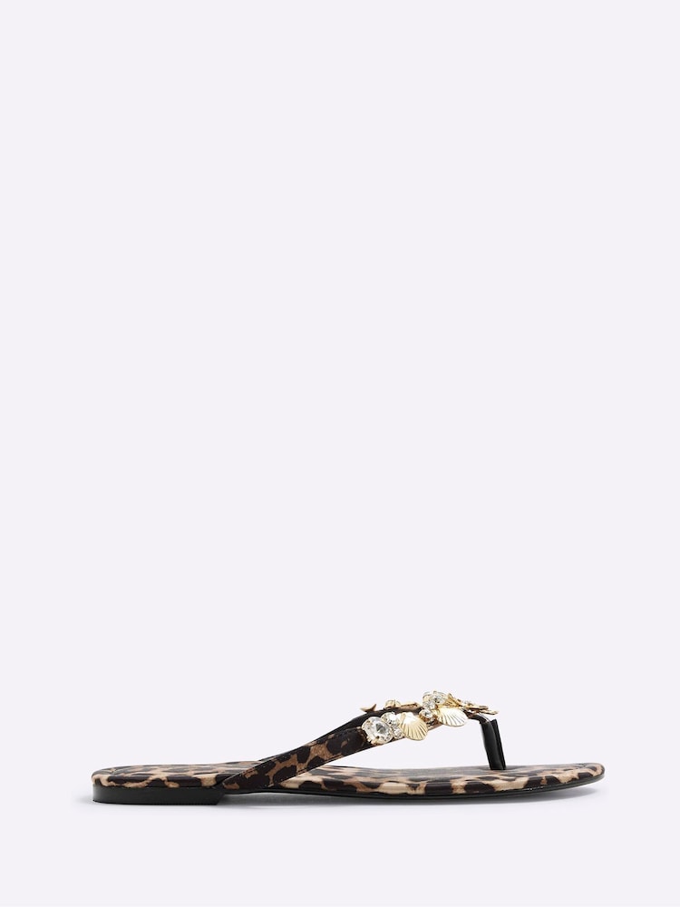 River Island Brown Leapord Print Starfish Flip Flop Sandals - Image 2 of 5 River Island Brown Leapord Print Starfish Flip Flop Sandals - Image 2 of 5