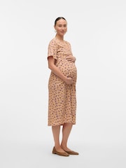 Mamalicious Pink Maternity Short Sleeve Jersey Midi Dress With Nursing Function - Image 1 of 5