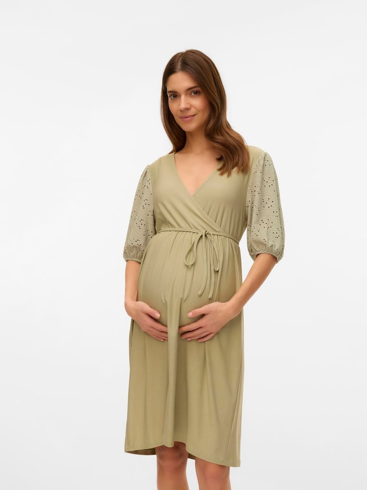 Mamalicious Green Maternity Broderie Sleeve Dress With Nursing Function - Image 1 of 5