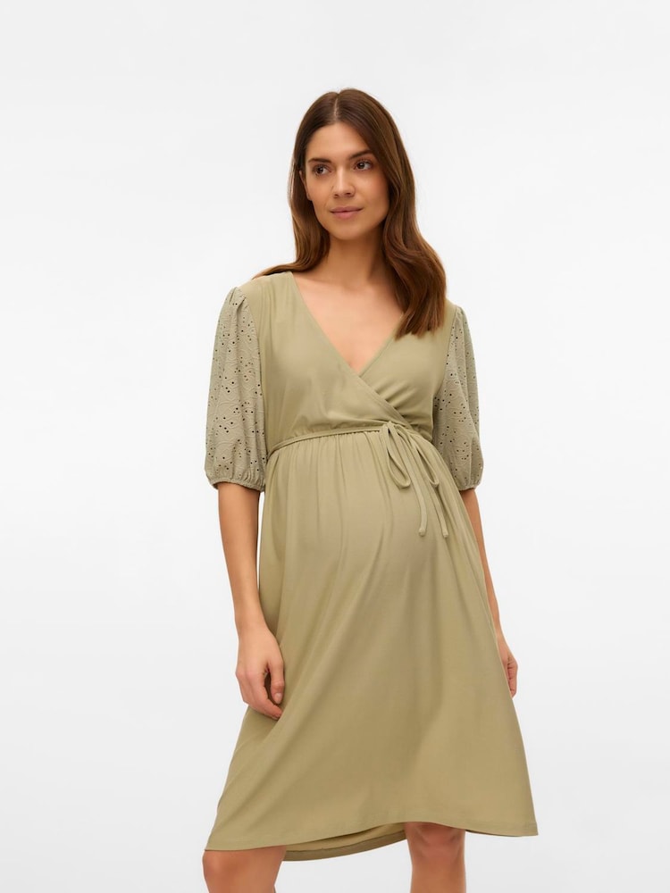 Mamalicious Green Maternity Broderie Sleeve Dress With Nursing Function - Image 2 of 5