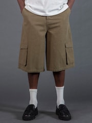 Religion Green Cargo Jort Herringbone 100% Cotton Shorts - Image 1 of 6