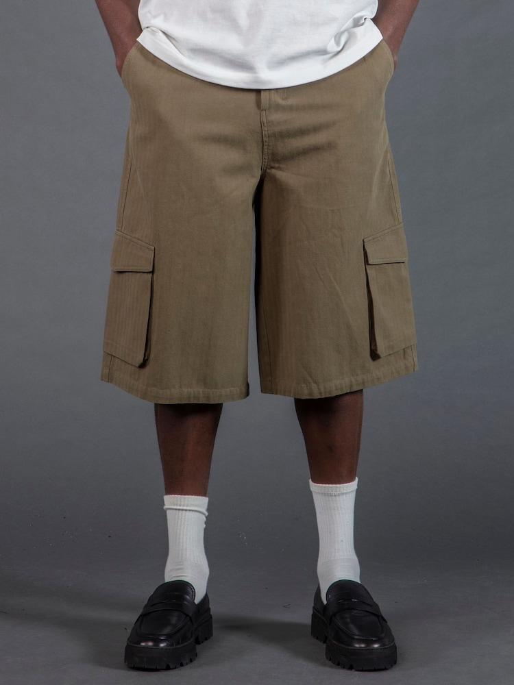 Religion Green Cargo Jort Herringbone 100% Cotton Shorts - Image 1 of 6