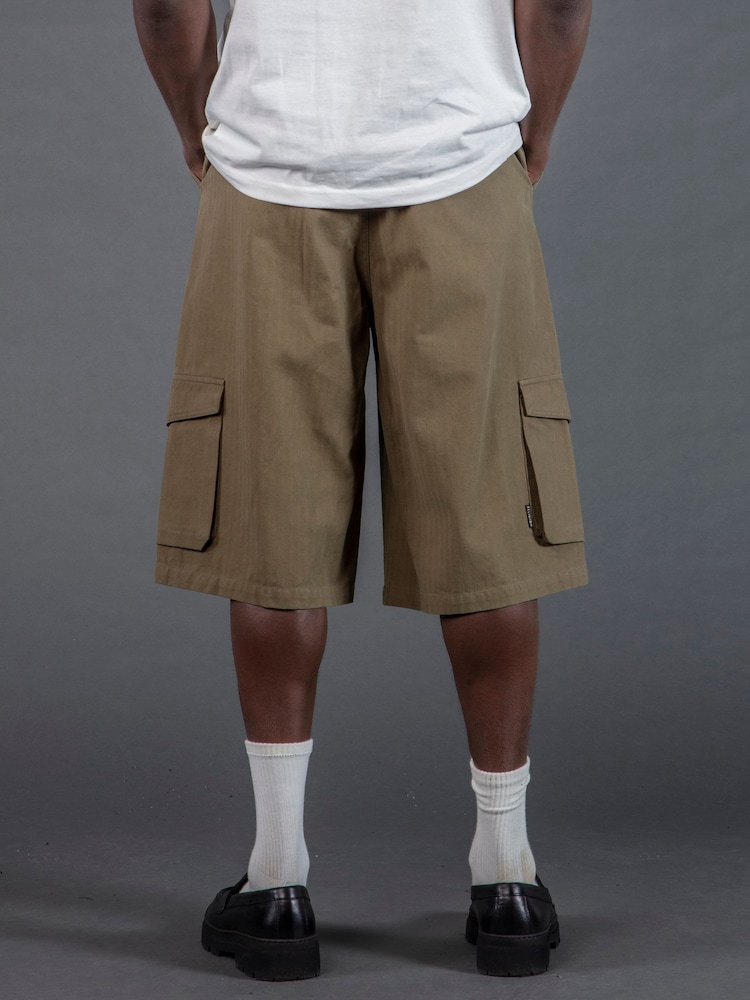 Religion Green Cargo Jort Herringbone 100% Cotton Shorts - Image 2 of 6
