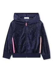 Billieblush Blue Velour Glitter Zip-Up Hoodie With Contrast Stripe - Image 1 of 3
