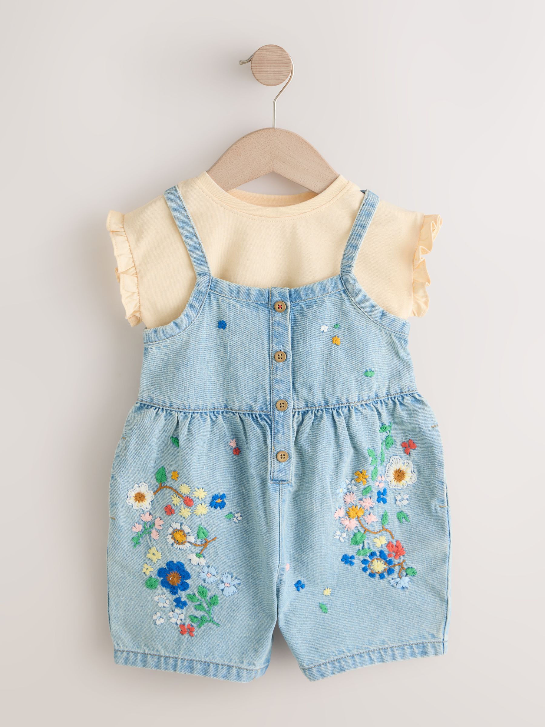 Next：日本 ミッドブルー - 花柄刺繍デニム オールインワン & Tシャツ 