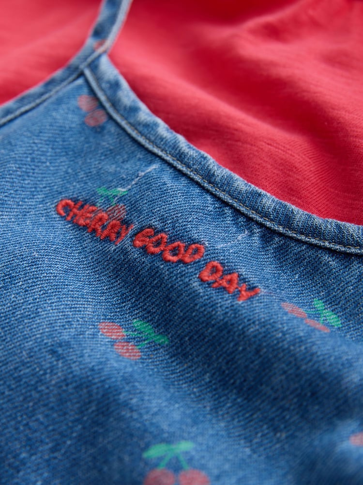 Dark Blue Cherry Printed Denim Playsuit and T-Shirt (3mths-7yrs) - Image 5 of 5