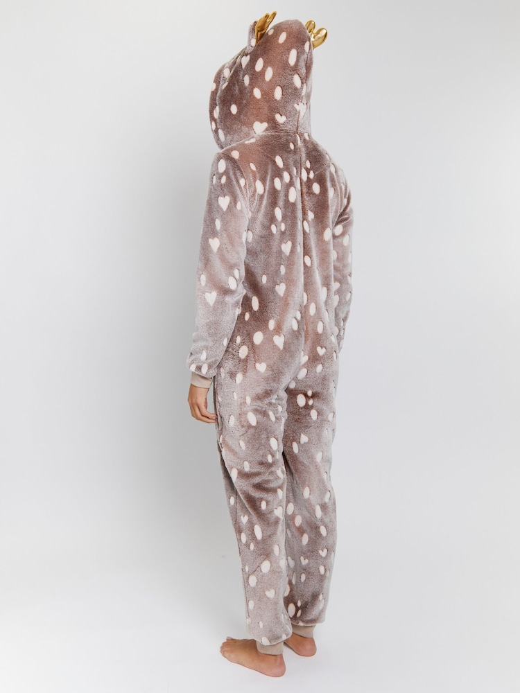 Loungeable Brown Reindeer Luxury Flannel Fleece All-In-One - Image 2 of 4 Loungeable Brown Reindeer Luxury Flannel Fleece All-In-One - Image 2 of 4