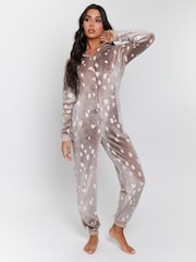 Loungeable Brown Reindeer Luxury Flannel Fleece All-In-One - Image 3 of 4