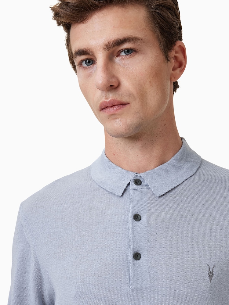 AllSaints Blue Light Mode Merino Wool Navy Blue Short Sleeve Polo Neck Jumper - Image 3 of 6