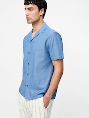 French Connection Blue 100% Cotton Denim Style Revere Short Sleeve Shirt - Image 1 of 4