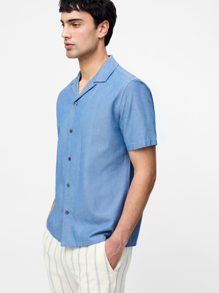 French Connection Blue 100% Cotton Denim Style Revere Short Sleeve Shirt - Image 1 of 4