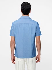 French Connection Blue 100% Cotton Denim Style Revere Short Sleeve Shirt - Image 2 of 4