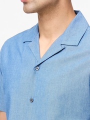 French Connection Blue 100% Cotton Denim Style Revere Short Sleeve Shirt - Image 3 of 4