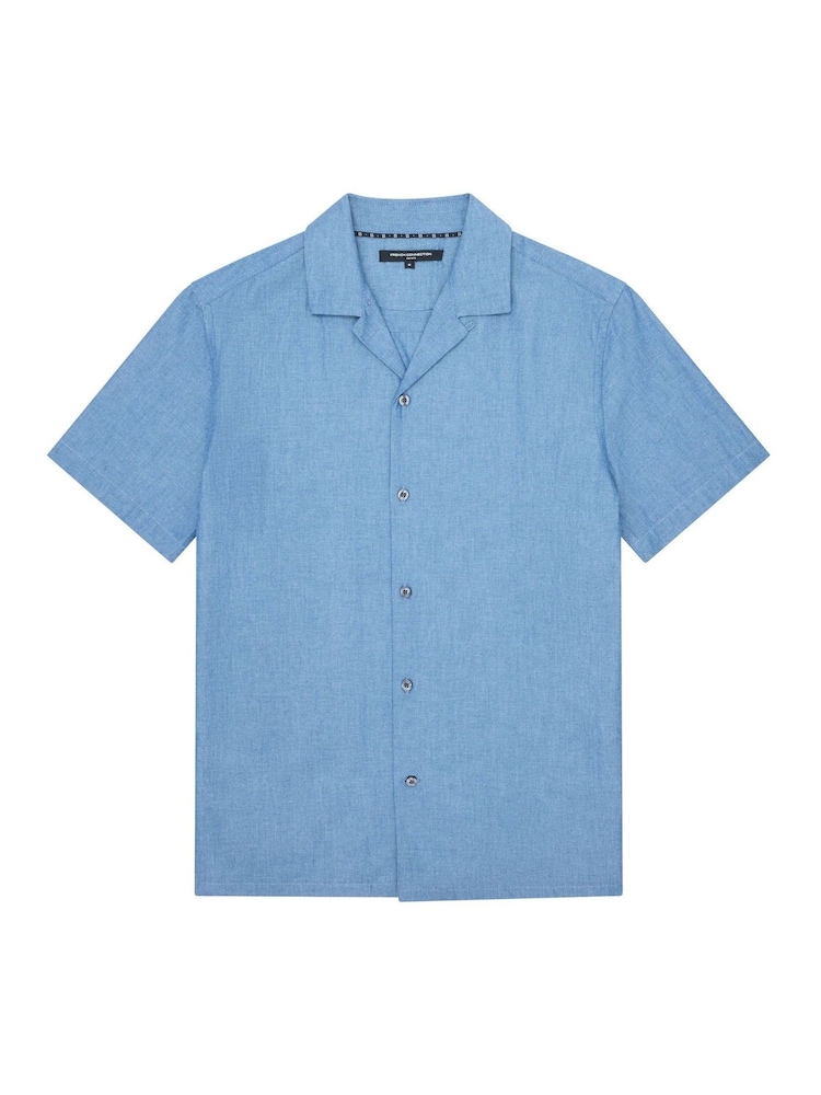 French Connection Blue 100% Cotton Denim Style Revere Short Sleeve Shirt - Image 4 of 4