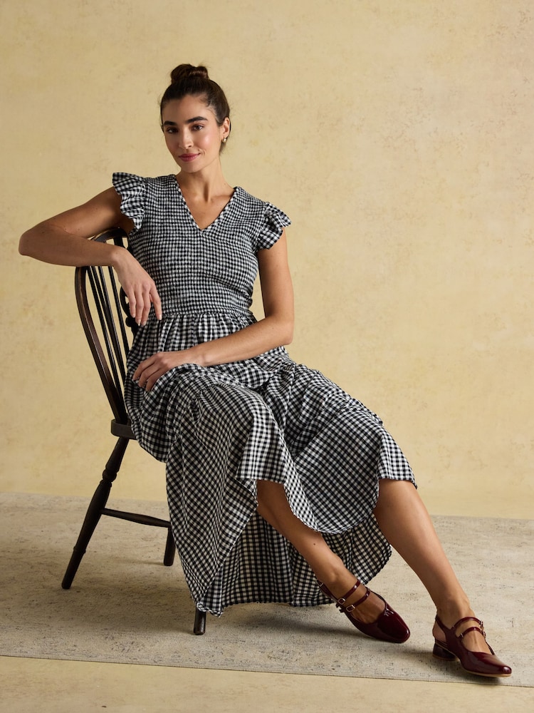 Buy Esme Black Gingham Shirred Midi Dress with V-Neck and Frill Sleeves  from Next USA