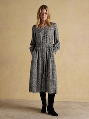 Joules Adele Black V-Neck Elbow Length Sleeve Midi Dress - Image 1 of 7