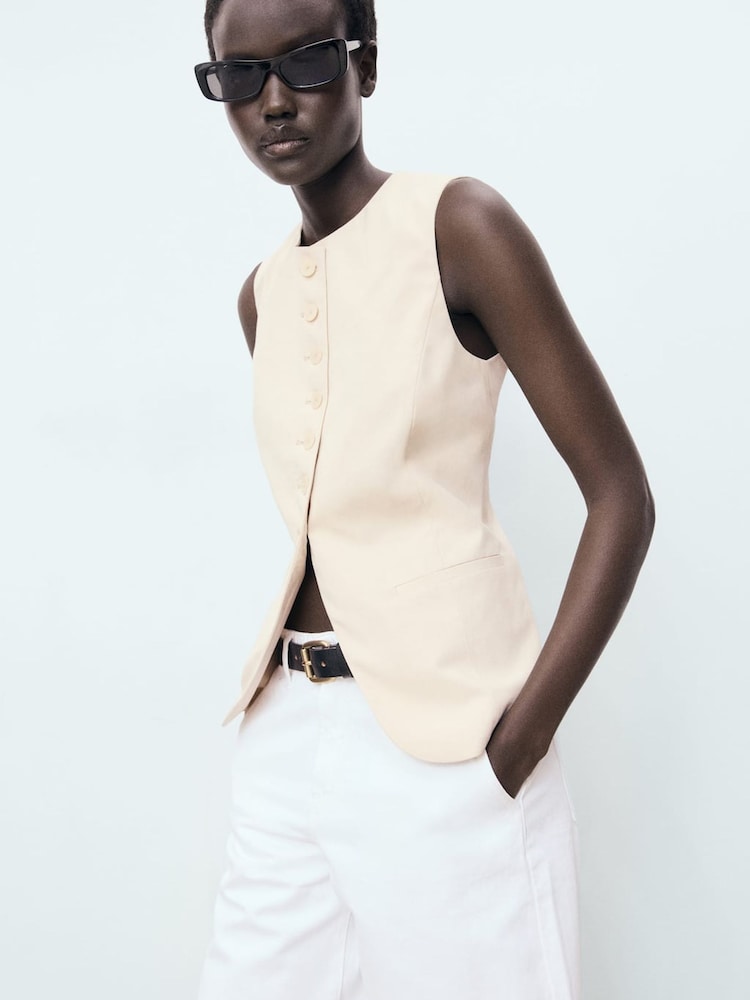 Mango Natural Buttoned Waistcoat - Image 1 of 6 Mango Natural Buttoned Waistcoat - Image 1 of 6