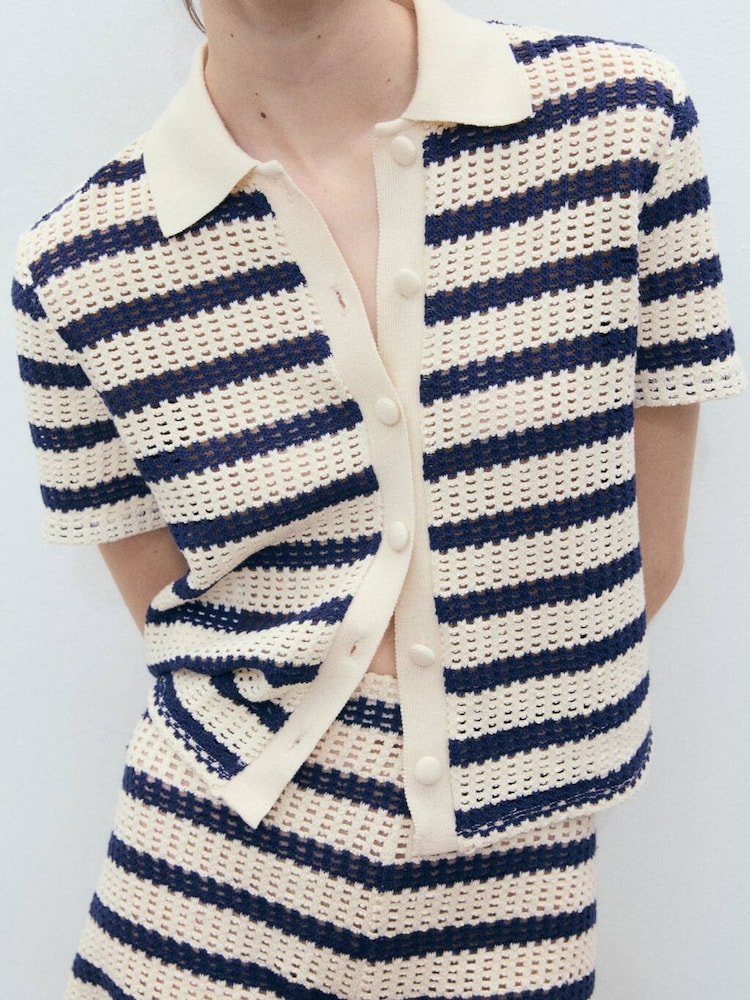 Mango Blue Crochet Short Sleeve Shirt - Image 1 of 5