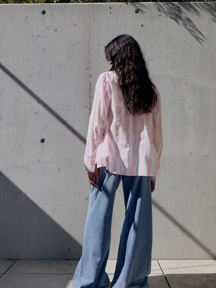 Mango Pink Stripe Long Sleeve Shirt - Image 2 of 4 Mango Pink Stripe Long Sleeve Shirt - Image 2 of 4