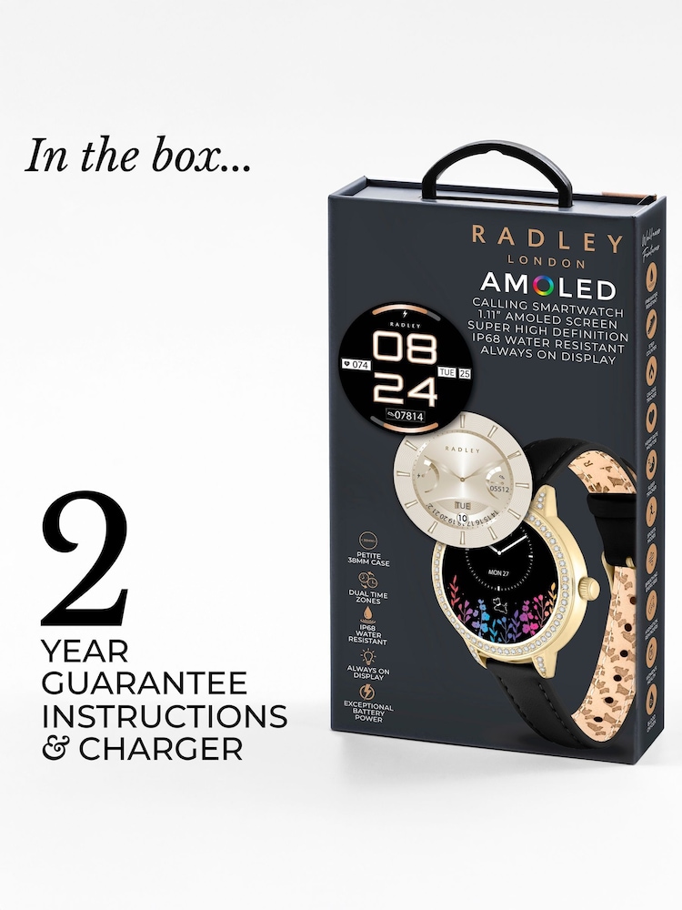 Radley Smart Series 33 AMOLED Stoneset Gold Tone Leather Strap Smart Calling Black Watch - Image 6 of 6