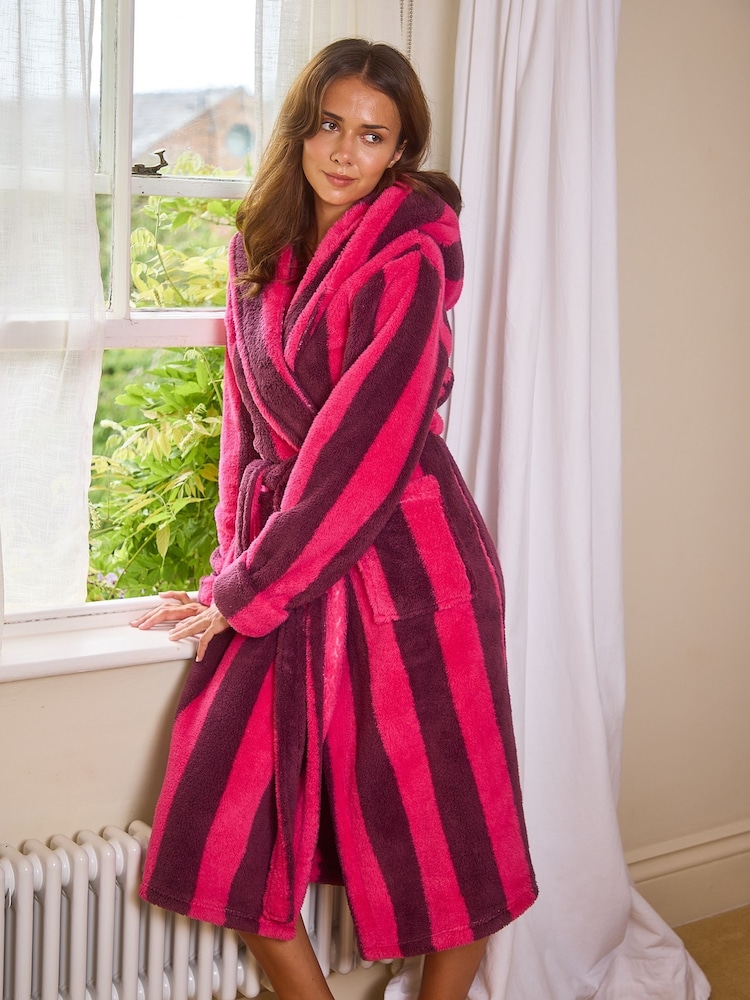 Loungeable Purple Chunky Sherpa Stripe Maxi Hooded Dressing Gown - Image 1 of 5 Loungeable Purple Chunky Sherpa Stripe Maxi Hooded Dressing Gown - Image 1 of 5