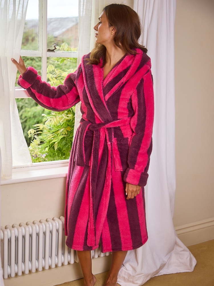Loungeable Purple Chunky Sherpa Stripe Maxi Hooded Dressing Gown - Image 2 of 5 Loungeable Purple Chunky Sherpa Stripe Maxi Hooded Dressing Gown - Image 2 of 5