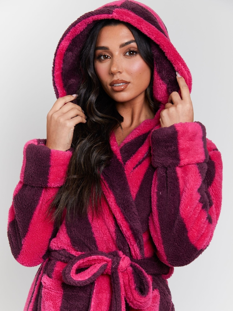 Loungeable Purple Chunky Sherpa Stripe Maxi Hooded Dressing Gown - Image 5 of 5 Loungeable Purple Chunky Sherpa Stripe Maxi Hooded Dressing Gown - Image 5 of 5