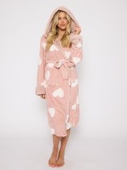 Loungeable Pink Jaquard Heart Midi Hooded Dressing Gown - Image 1 of 6