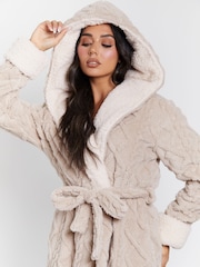 Loungeable Brown Cable Cutwork Hooded Midi Dressing Gown - Image 8 of 8