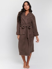 Loungeable Brown Chunky Sherpa Hooded Midi Dressing Gown - Image 1 of 5
