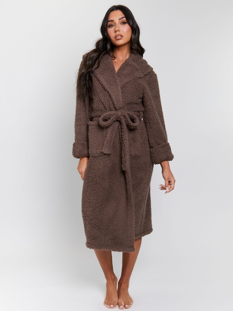 Loungeable Brown Chunky Sherpa Hooded Midi Dressing Gown - Image 1 of 5 Loungeable Brown Chunky Sherpa Hooded Midi Dressing Gown - Image 1 of 5