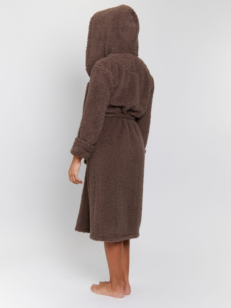Loungeable Brown Chunky Sherpa Hooded Midi Dressing Gown - Image 2 of 5 Loungeable Brown Chunky Sherpa Hooded Midi Dressing Gown - Image 2 of 5