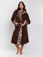 Loungeable Animal Print Leopard Print Faux Trim Midi Dressing Gown - Image 3 of 6