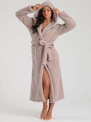 Loungeable Brown Sherpa Maxi Dressing Gown with Luxury Fleece Lined Hood - Image 1 of 5