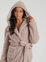 Loungeable Brown Sherpa Maxi Dressing Gown with Luxury Fleece Lined Hood - Image 3 of 5